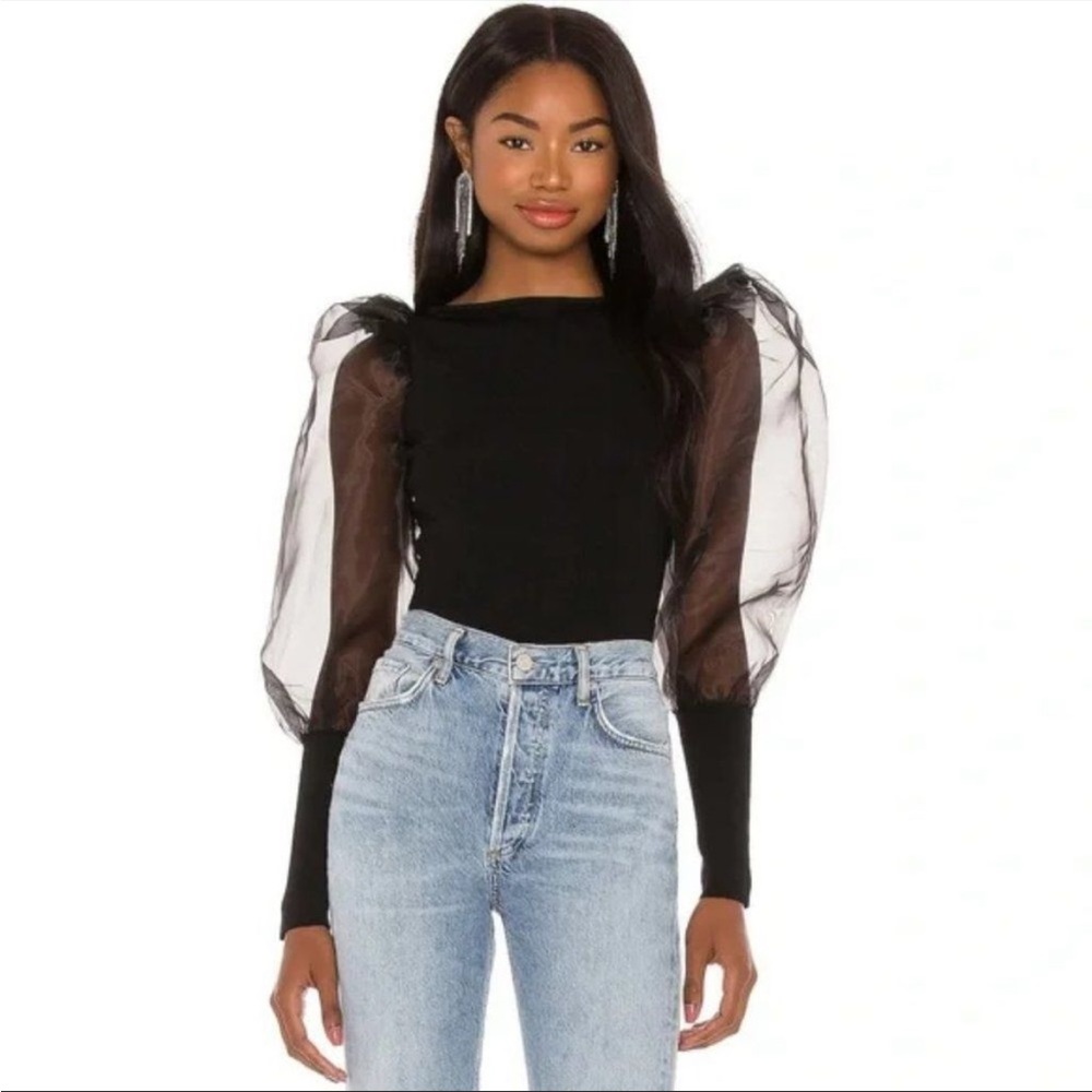 Alice + Olivia Abella Sheer puff sleeve sweater- size small